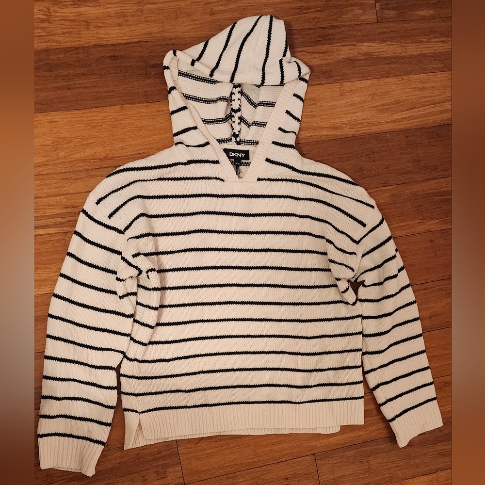 DKNY White and Black Striped Hooded Knit Pullover